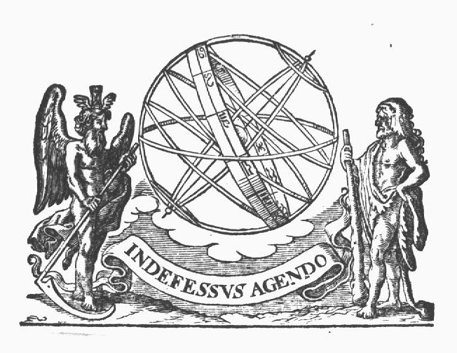 Armillary sphere with Father Time (wings, scythe, hourglass with wings) and Hercules (club, lion's skin); banderole with inscription