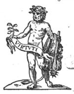Hercules (club, lion's skin) as personification of virtue, holding a plant in his hand; banderole with inscription