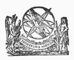 Armillary sphere with Father Time (wings, scythe, hourglass with wings) and Hercules (club, lion's skin); banderole with inscription