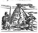 The mountain Parnassus, a stream coming down from the mountain (Castalia), an eagle holding a banderole, at the foot of the mountain: Minerva (helmet, lance, owl, Aegis) and Father Time (scythe, hourglass)