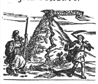 The mountain Parnassus, a stream coming down from the mountain (Castalia), an eagle holding a banderole, at the foot of the mountain: Minerva (helmet, lance, owl, Aegis) and Father Time (scythe, hourglass)