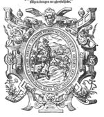 David slings a stone at Goliath's forehead; landscape with a city and a camp with tents; frame decorated with women holding a palm-branch, mascarons, ribbons, festoons, vases