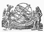 Armillary sphere with Father Time (wings, scythe, hourglass with wings) and Hercules (club, lion's skin); banderole with inscription