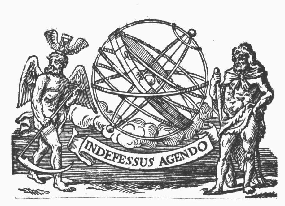 Armillary sphere with Father Time (wings, scythe, hourglass with wings) and Hercules (club, lion's skin); banderole with inscription