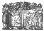 Apollo pursuing the nymph Daphne; she is changing into a tree; this scene is framed by the personifications of Poetry (a woman with a laurel wreath, a quill and a sheet of paper) and Painting (woman with a wreath, a palette and brushes), a coat of arms of Middelburg between two putti holding an inscribed banderole, books and foliage