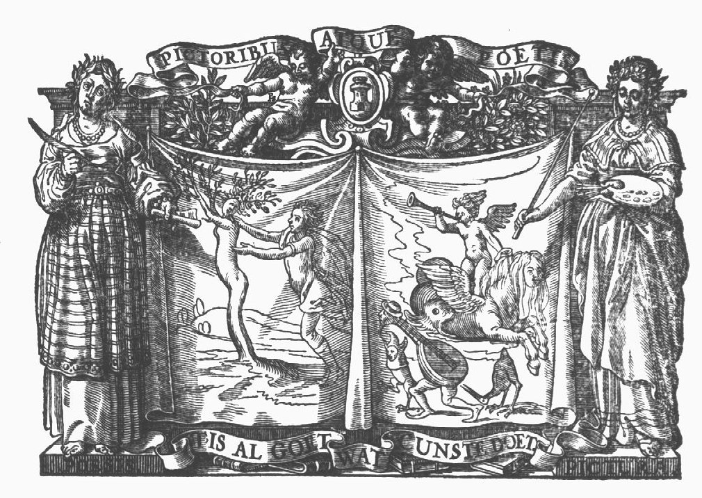 Apollo pursuing the nymph Daphne; she is changing into a tree; this scene is framed by the personifications of Poetry (a woman with a laurel wreath, a quill and a sheet of paper) and Painting (woman with a wreath, a palette and brushes), a coat of arms of Middelburg between two putti holding an inscribed banderole, books and foliage