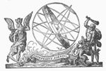 Armillary sphere with Father Time (wings, scythe, hourglass with wings) and Hercules killing the Hydra of Lerna with his club; banderole with inscription