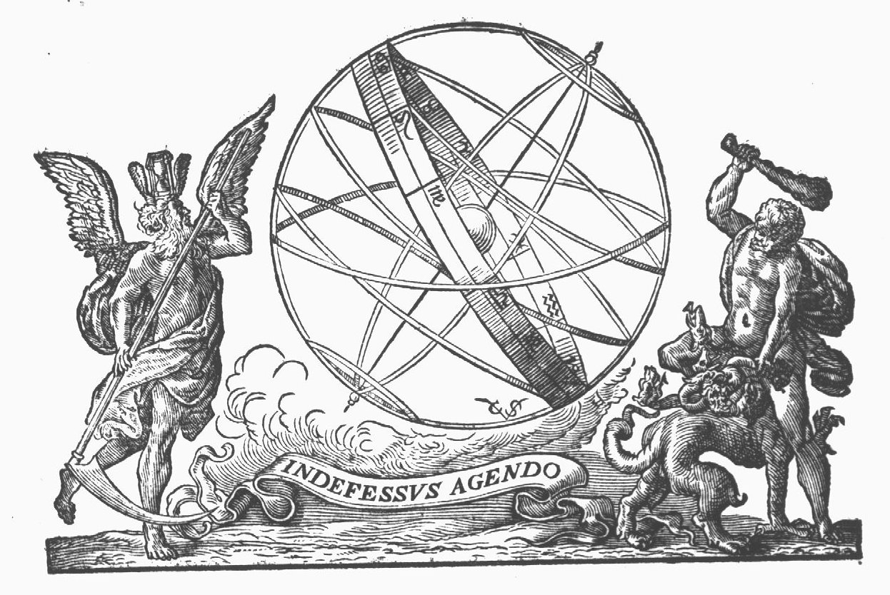 Armillary sphere with Father Time (wings, scythe, hourglass with wings) and Hercules killing the Hydra of Lerna with his club; banderole with inscription