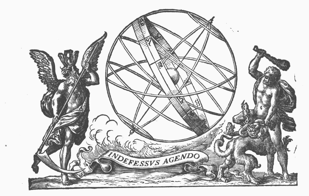 Armillary sphere with Father Time (wings, scythe, hourglass with wings) and Hercules killing the Hydra of Lerna with his club; banderole with inscription