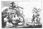 The nine muses, Pegasus on Mount Helicon; Apollo (playing the lyre) next to a laurel-tree, around which an inscribed banderole is coiled; a landscape with man-made constructions