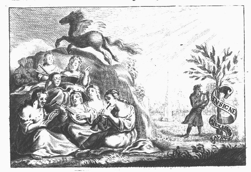 The nine muses, Pegasus on Mount Helicon; Apollo (playing the lyre) next to a laurel-tree, around which an inscribed banderole is coiled; a landscape with man-made constructions