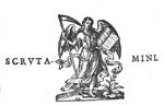 An angel holding a scythe and an open book
