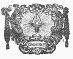 Burning oil-lamp; frame decorated with palm-branches, ribbons and festoons; monogram "B.B."