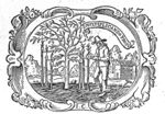 A man grafting a tree, banderole with inscription; decorated frame; initials "I.C."