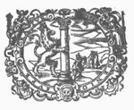 A column held by a crowned lion; in the background a man digging, two men (in discussion?); frame decorated with Minerva (helmet, lance and shield), Mercury (caduceus and petasus), mascaron, festoons and lion's head
