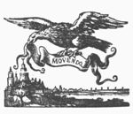 An eagle flying over a landscape, holding a banderole in its beak and claws