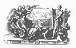 Minerva (helmet, lance, Aegis, owl), at her feet a putto with an open book, before a depiction of a harvest held up by a putto and Ceres (wreath of ears of corn, sheaf of corn held by two putti)