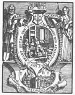Two men at work in a printing office: one is rolling ink-balls, the other is operating a press; frame decorated with arms of Haarlem and garlands; on one side of the central scene a man with a spade personifies Labour, on the other side a woman with a whip and open book (Diligence); a schoolmaster and his class: Grammatica