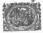 The adoration of the kings: the Wise Men present their gifts kneeling in front of Mary, Joseph and the Christ-child; the star of Bethlehem in the sky, a man in contemporary costume in the background; frame decorated with vases and festoons