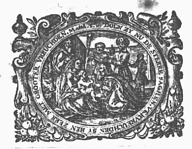 The adoration of the kings: the Wise Men present their gifts kneeling in front of Mary, Joseph and the Christ-child; the star of Bethlehem in the sky, a man in contemporary costume in the background; frame decorated with vases and festoons