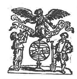 An armillary sphere; a man with a spade, Fama (two trumpets), a man with a Jacob's staff; banderole with inscription