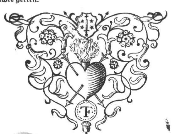 Flaming heart, pierced by arrows; coat of arms of Haarlem; stylized tendrils; monogram "T.F."