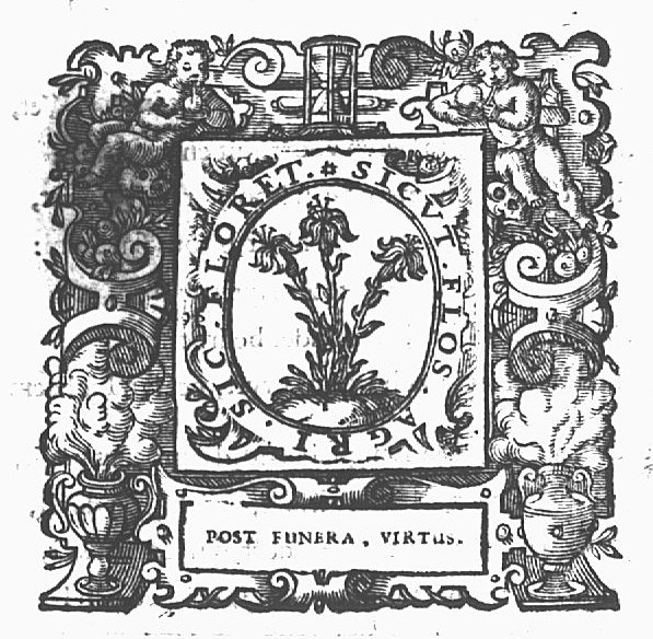 Lilies in frame decorated with an hourglass, boys blowing bubbles and smoking pots