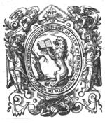 The book with the seven seals is held by the lion of Juda, standing on its hind legs; a dead tree on one side and a tree with leaves on the other; frame decorated with two angels holding a crown, two women with olive-branches, a devil with a pitchfork, Death as a skeleton with a scythe and an orb