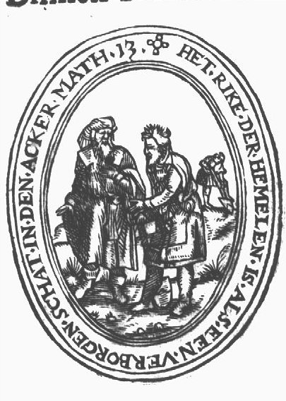 'The Kingdom of Heaven is like treasure hidden in a field': a man digging for a treasure, in the background, and speaking with the man from whom he wants to buy the field, in the foreground