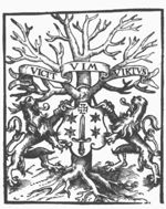 Coat of arms of Haarlem, hung on a tree, held by two lions; banderole with inscription