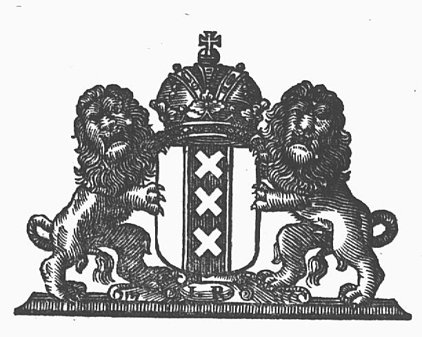 Crowned coat of arms of the city of Amsterdam held by two lions; initials "I.R."