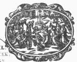 A square with two musicians and a group of dancers in front of a fountain; a deer(?) in the background