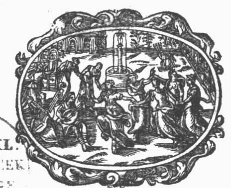 A square with two musicians and a group of dancers in front of a fountain; a deer(?) in the background