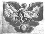 Fame (winged) holding a trumpet, blowing another one, flying above a globe; attached to the trumpets are banners with monograms