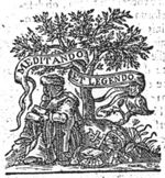 Old man sitting on the ground below a tree, reading; beside him on the ground: an armillary sphere, a quadrant, an ink-well and a quill, an open book, and a Jacob's staff; an owl sitting on a branch; banderole with inscription
