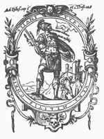 Miles Christianus as a 'Roman' soldier with sword and shield in a hilly landscape, his right foot resting on a stone; three men threaten him, one of which is aiming an arrow; several inscriptions; frame decorated with branches, a skull, festoons and cherub
