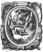Bears in a forest, (Dutch: 'beren in een woud') one of them climbing a tree; frame decorated with festoons