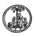 Palm tree; two men(?): one sitting on the ground, hand against his head, the other one standing; a bird(?); decorated frame; initials "S.C."