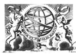 A hand holding an armillary sphere; two flying putti holding a banderole with inscription