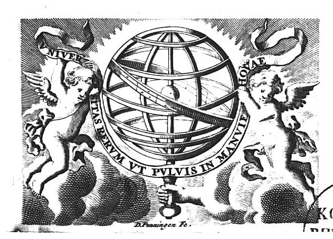 A hand holding an armillary sphere; two flying putti holding a banderole with inscription