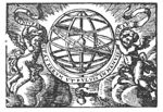 A hand holding an armillary sphere; two flying putti holding a banderole with inscription
