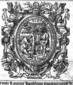 St. Paul setting out a tree, St. Apollos watering a tree; a Jahweh-tetragram; 'Hausmarke' with monogram "L.V.B."; elaborate frame decorated with naked boys trumpeting, vases and festoons
