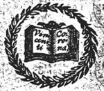 Open book with motto and crown; laurel wreath as frame