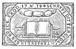 Open book on a lectern, cloud above; decorated frame