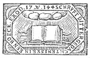 Open book on a lectern, cloud above; decorated frame