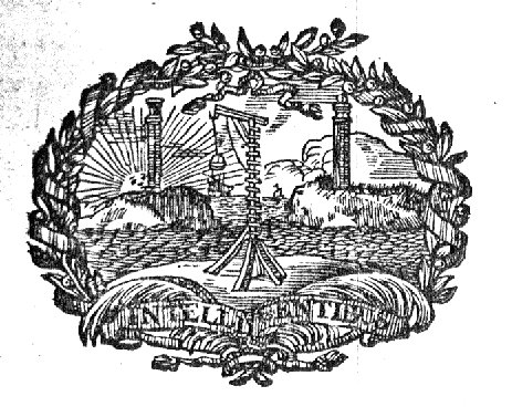 Rocky coast with beacon-light, pillars of Hercules, the sun as a face, ships; wreath of olive-branches with a ribbon as frame; palm-branches; banderole with inscription