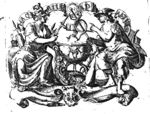 Mercury (with Petasus, Caduceus, open book with music notation, lyre, Aesculapian sign, purse(?)) and Minerva (helmet with sphinx, Aegis, sceptre(?), burning oil lamp, fasces) seated at either side of a large bowl on a tripod wherein a fire is burning; over the fire Caduceus and sceptre touch; a sun in front of the inscription where the staff and sceptre touch; an open book between caduceus and sceptre; Cornucopia-variant on the floor; banderole with inscription