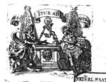 Mercury (with Petasus, Caduceus, books, open book, lyre, globe) and Minerva (seated on a sphinx, Aegis, sceptre(?)) at either side of an altar(?) with the head of Medusa on its front; where the sceptre and caduceus touch a sun is represented; a book with wings is floating above the altar; behind them obelisk-variants with pseudo-hieroglyphics with a bird on top of the one and the sun as a face on top of the other; banderole