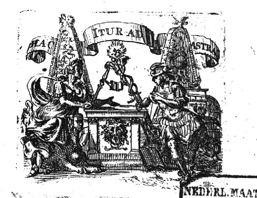 Mercury (with Petasus, Caduceus, books, open book, lyre, globe) and Minerva (seated on a sphinx, Aegis, sceptre(?)) at either side of an altar(?) with the head of Medusa on its front; where the sceptre and caduceus touch a sun is represented; a book with wings is floating above the altar; behind them obelisk-variants with pseudo-hieroglyphics with a bird on top of the one and the sun as a face on top of the other; banderole