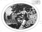 Archittetura-variant(?): a crowned and enthroned woman holding compasses, square and a file with banderole in her outstretched hands; on the ground a pile of books, another square and pair of compasses; behind her colums on an entablature on which a cock, a burning oil-lamp and a ground-plan of a building; below the drawing a medallion with a man sawing a huge log; a whetstone(?) on the ground; in the background behind a large tree: a view of part of the Leiden university building at the Rapenburg